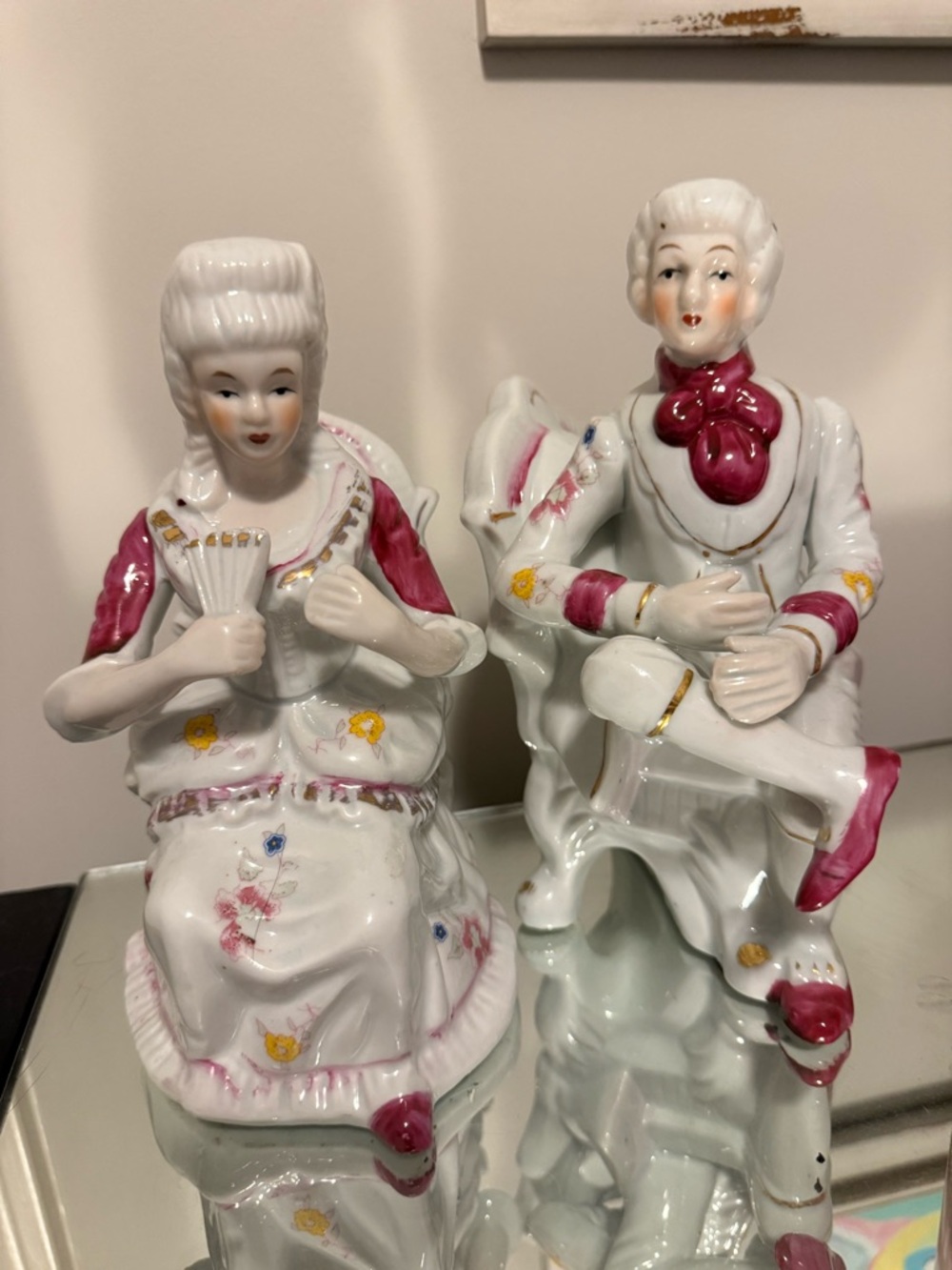 Porcelain Victorian Couple Figurines in White and Pink